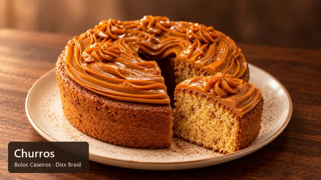 Bolo de churros com cobertura de doce de leite e fatia cortada, quadro inicial do vídeo