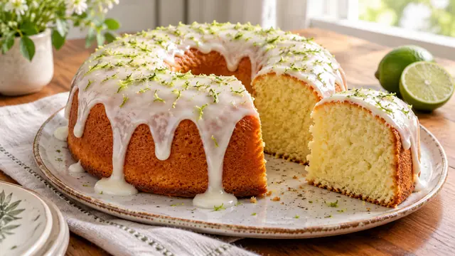 Bolo de limão com cobertura branca, raspas verdes e fatia de massa clara